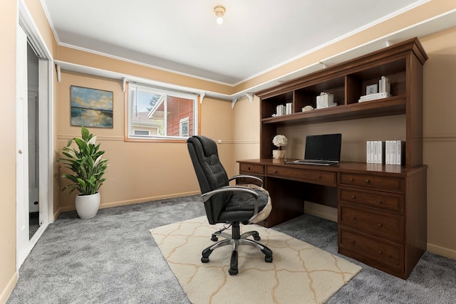 carpeted home office with crown molding