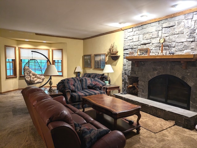 living room with ornamental molding, a fireplace, and carpet flooring