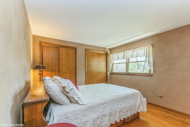 bedroom with wood-type flooring and two closets