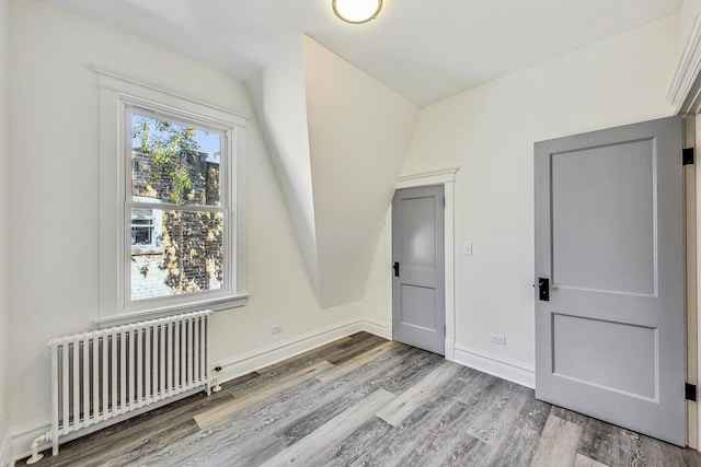 interior space with a crib, vaulted ceiling, radiator heating unit, and hardwood / wood-style flooring