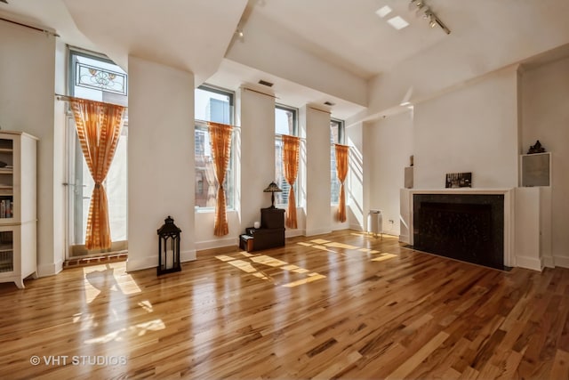 interior space featuring hardwood / wood-style flooring and rail lighting