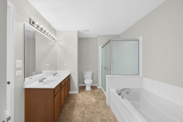 full bathroom with plus walk in shower, vanity, and toilet