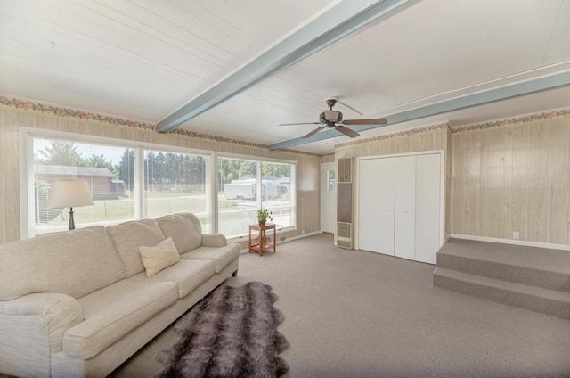 carpeted living room with ceiling fan, wood walls, and beam ceiling