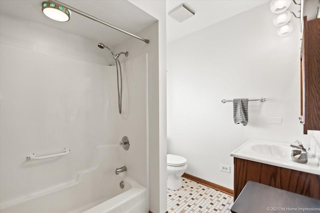 full bathroom featuring shower / bathtub combination, toilet, tile patterned floors, and vanity