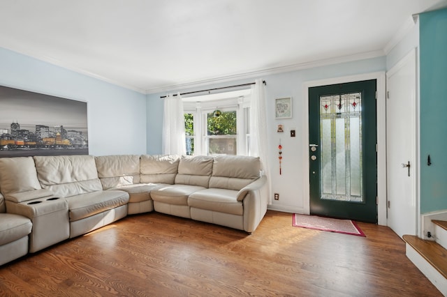 living room featuring wood-type flooring and crown molding