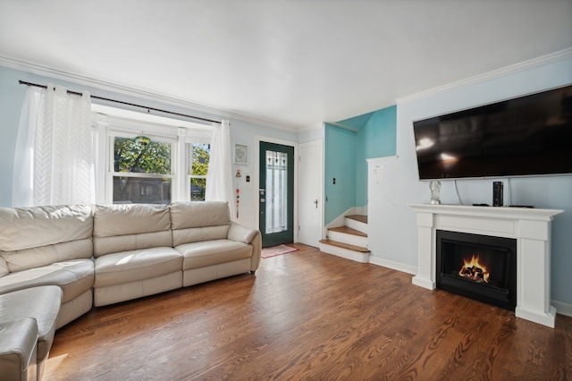 living room with ornamental molding and dark hardwood / wood-style flooring