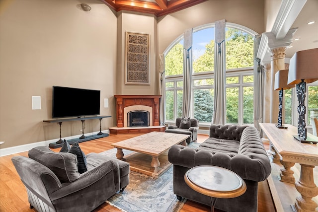 living room with a high ceiling, hardwood / wood-style flooring, and a healthy amount of sunlight