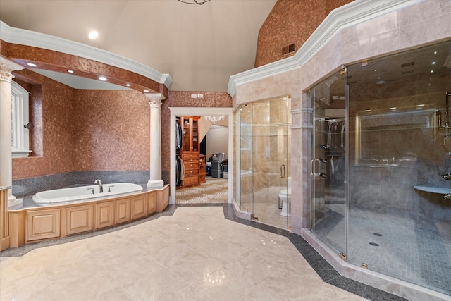 bathroom with high vaulted ceiling, plus walk in shower, crown molding, and decorative columns