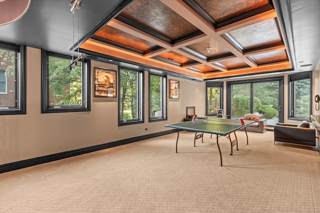 rec room with carpet flooring, beamed ceiling, and coffered ceiling