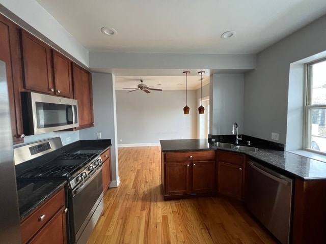 kitchen featuring light hardwood / wood-style floors, sink, kitchen peninsula, stainless steel appliances, and ceiling fan