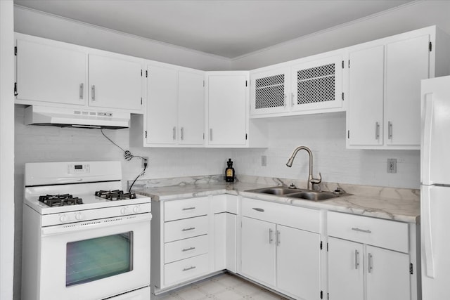 kitchen featuring ornamental molding, sink, white appliances, white cabinetry, and exhaust hood