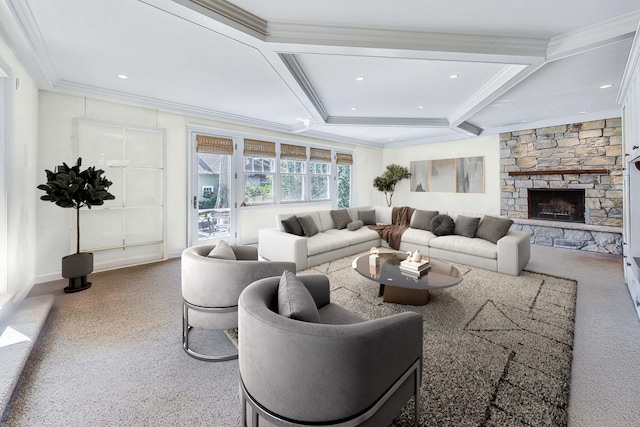 living room with a stone fireplace, crown molding, beam ceiling, and carpet floors