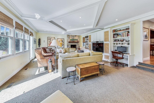 611 Elmwood Ave, Wilmette, IL 60091 - living area featuring a fireplace, carpet floors, an office area, crown molding, and beam ceiling