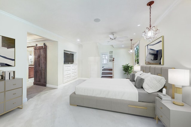 bedroom featuring crown molding, recessed lighting, baseboards, and light colored carpet
