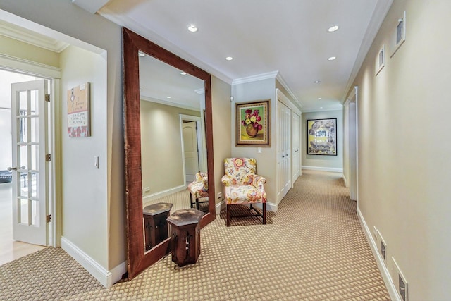 611 Elmwood Ave, Wilmette, IL 60091 - corridor featuring light carpet, recessed lighting, and ornamental molding