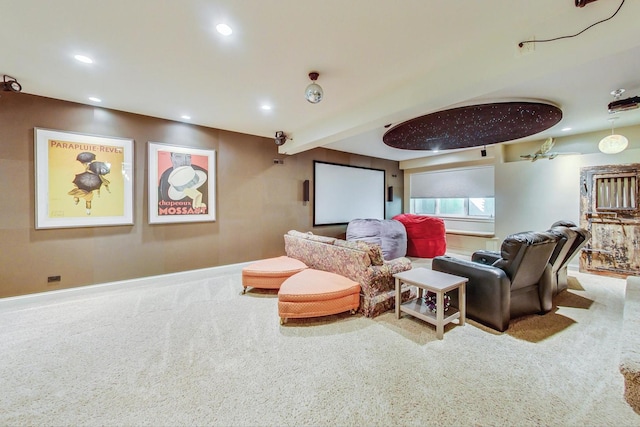 carpeted cinema featuring baseboards and recessed lighting