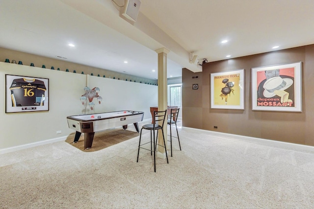 recreation room with baseboards, recessed lighting, and carpet