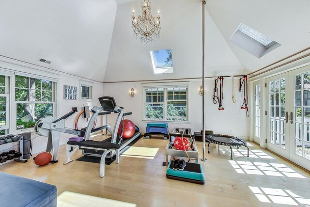 611 Elmwood Ave, Wilmette, IL 60091 - workout area with a skylight, high vaulted ceiling, healthy amount of natural light, and wood finished floors