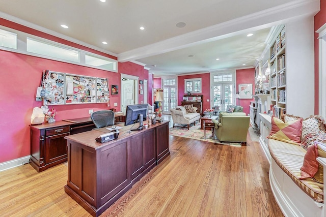 611 Elmwood Ave, Wilmette, IL 60091 - office area with ornamental molding, light wood-style floors, and recessed lighting