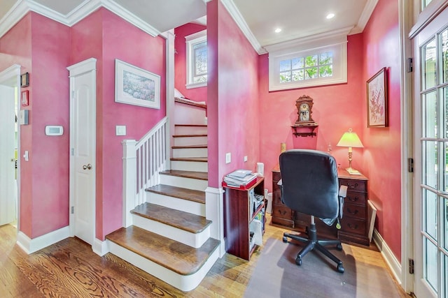 611 Elmwood Ave, Wilmette, IL 60091 - office space featuring ornamental molding, wood finished floors, healthy amount of natural light, and recessed lighting