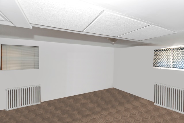 basement with dark parquet flooring and radiator