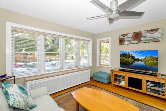 living room with wood-type flooring, radiator heating unit, and a healthy amount of sunlight