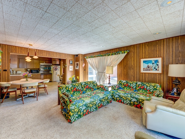 carpeted living room featuring wooden walls and sink