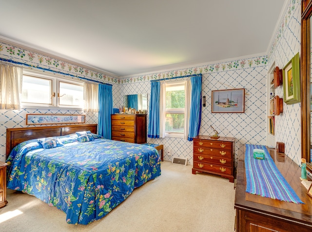 bedroom with multiple windows, carpet flooring, and ornamental molding