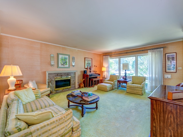 carpeted living room with a fireplace and crown molding