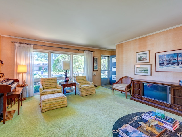 living room with a healthy amount of sunlight, carpet, and ornamental molding