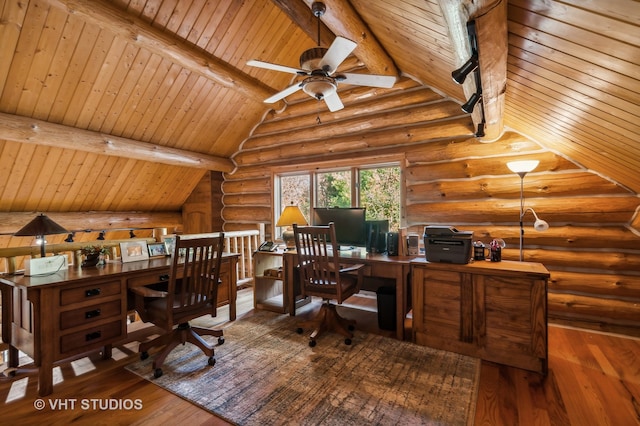 office space with wood ceiling, hardwood / wood-style floors, ceiling fan, beam ceiling, and log walls