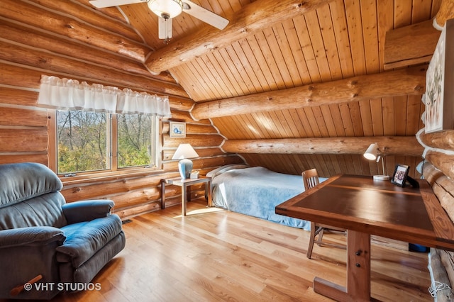 bedroom with rustic walls, light hardwood / wood-style floors, vaulted ceiling with beams, and wooden ceiling