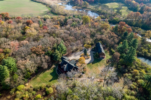 birds eye view of property featuring a water view and a rural view