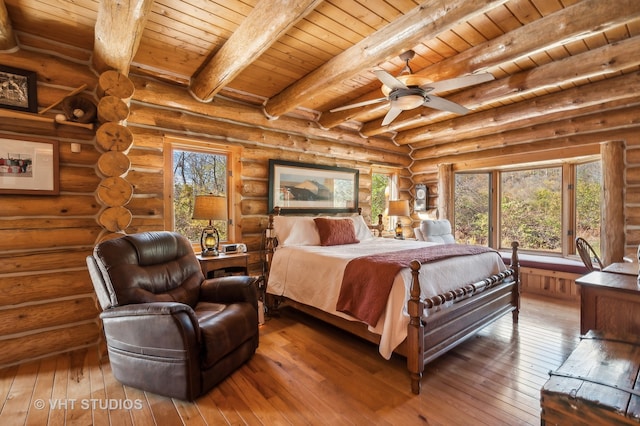 bedroom featuring wood ceiling, hardwood / wood-style flooring, and rustic walls