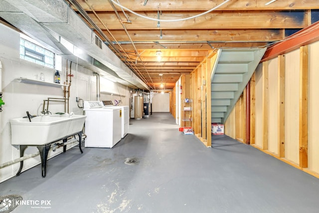 9036 Walnut Ave, Franklin Park, IL 60131 - basement featuring water heater, separate washer and dryer, a sink, and stairs