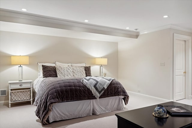 carpeted bedroom featuring ornamental molding