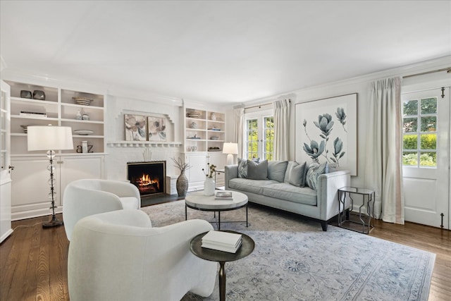 living room featuring hardwood / wood-style flooring and a fireplace