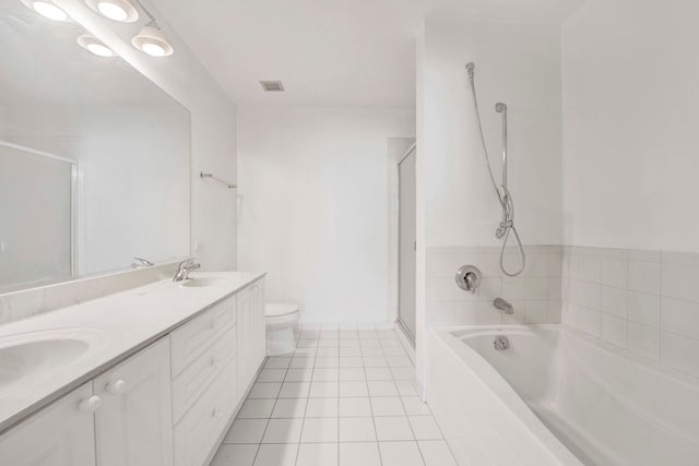 full bathroom with tile patterned flooring, vanity, toilet, and plus walk in shower