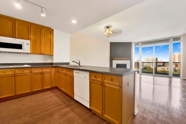 kitchen with wood-type flooring, white appliances, floor to ceiling windows, and kitchen peninsula