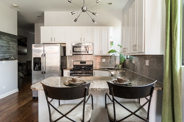 kitchen with appliances with stainless steel finishes, white cabinetry, sink, and dark wood-type flooring