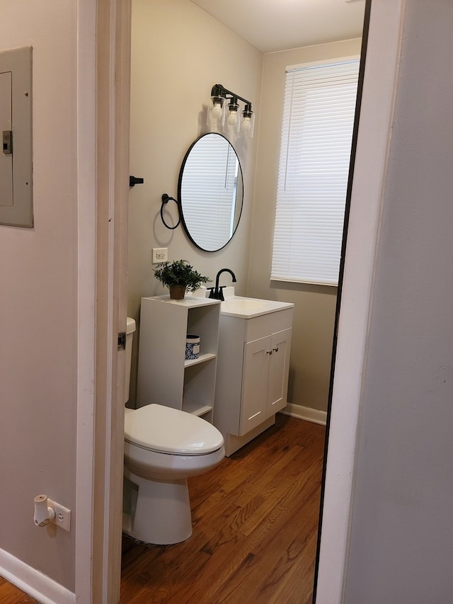 bathroom featuring vanity, electric panel, toilet, and hardwood / wood-style flooring