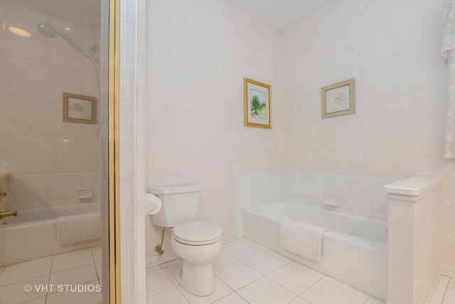 bathroom with plus walk in shower, tile patterned floors, and toilet