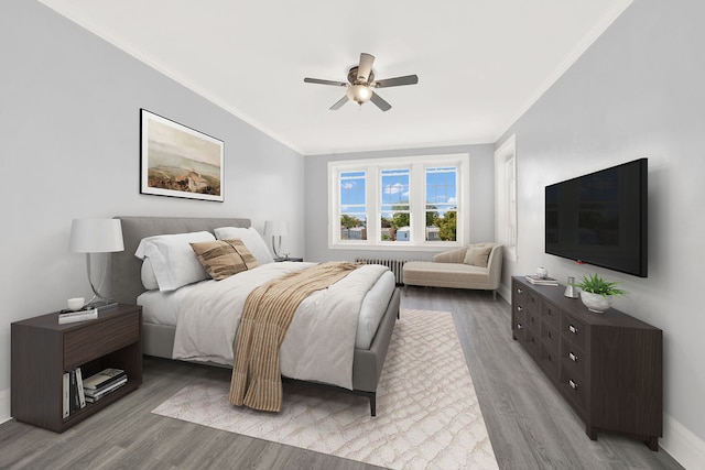 bedroom featuring ceiling fan, radiator, light wood-type flooring, and ornamental molding