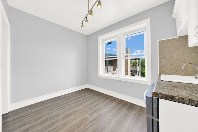 unfurnished dining area featuring hardwood / wood-style flooring, sink, and rail lighting