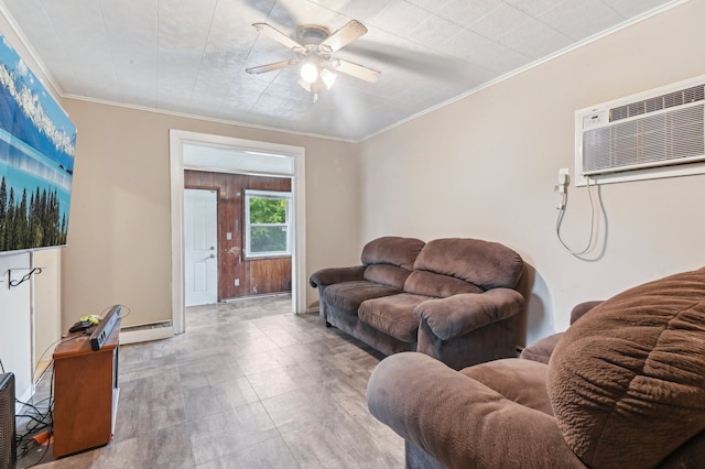 living room with ceiling fan and ornamental molding