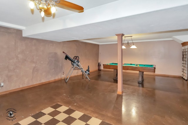 game room with concrete floors, billiards, and ornate columns