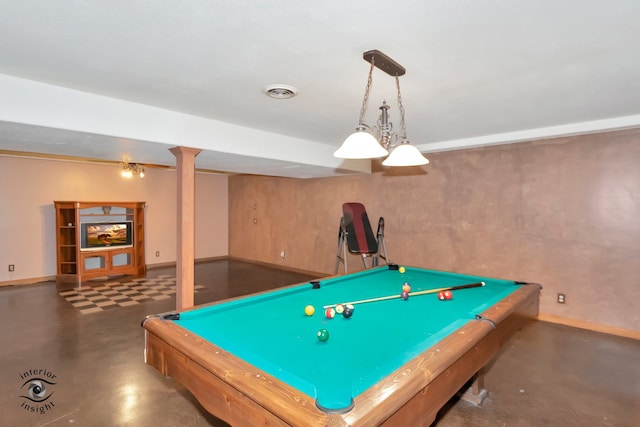 recreation room with decorative columns and pool table