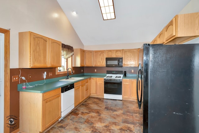 kitchen featuring light brown cabinets, sink, high vaulted ceiling, and black appliances