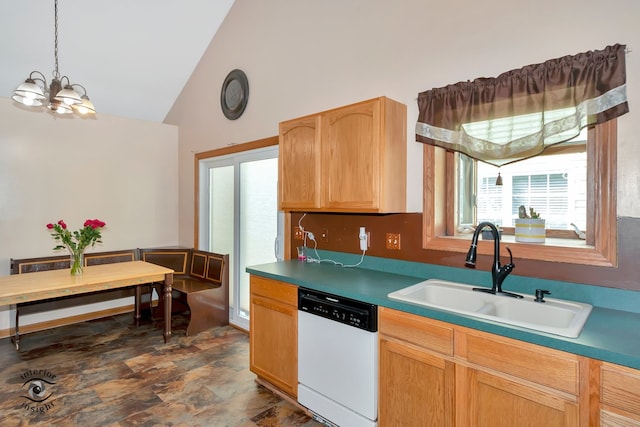 kitchen with a chandelier, sink, high vaulted ceiling, decorative light fixtures, and white dishwasher