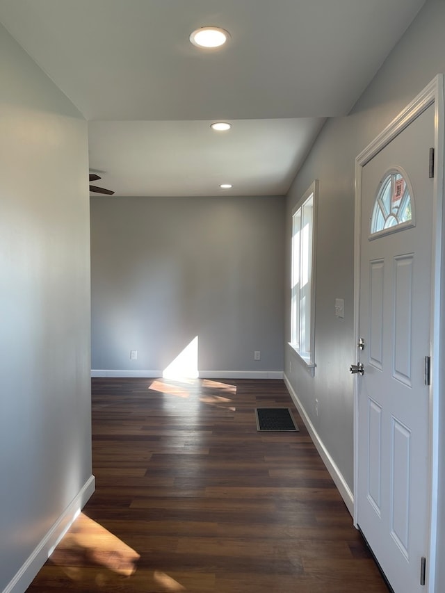 entrance foyer featuring a healthy amount of sunlight, ceiling fan, and dark wood-type flooring